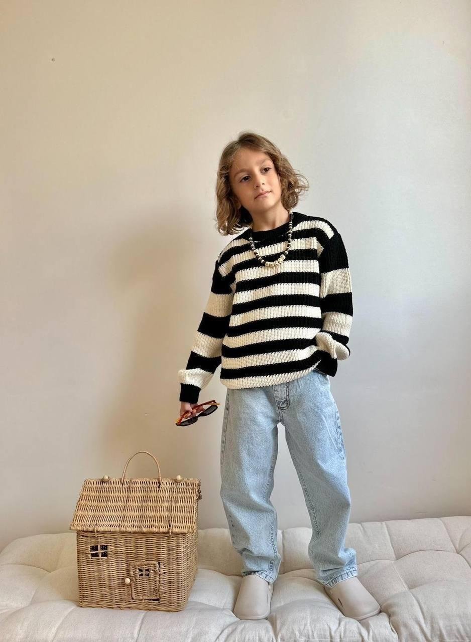 Cg Kids Çizgili Örgülü Siyah Renk Triko Kazaklı Jean Pantolon Erkek Çocuk Alt Üst Takım Süper Kalite Kumaş