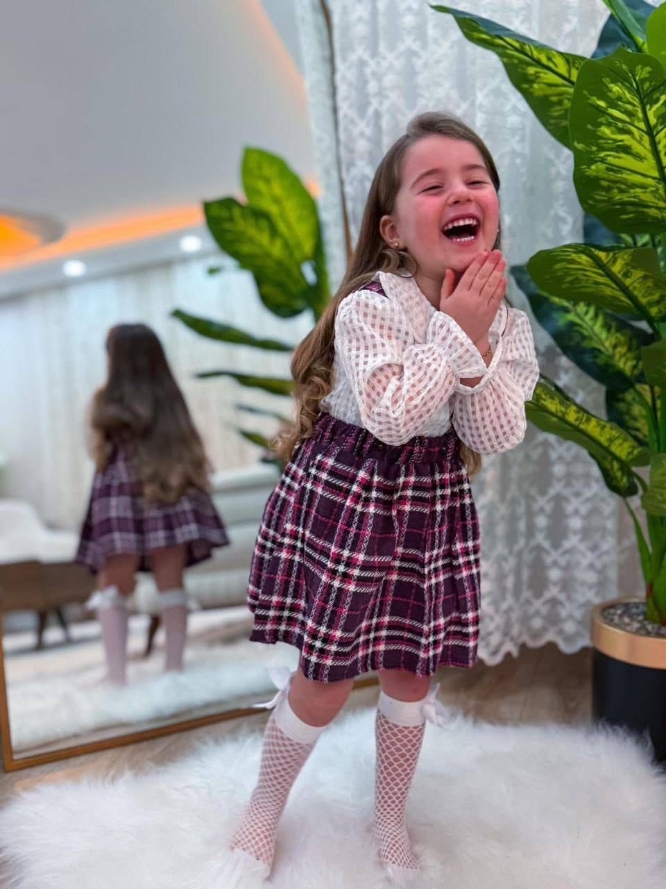 Cg Kids Ekose Askılı Jile ve Beyaz Gömlek Takım 2 Parça Kız Çocuk Şık Kombin