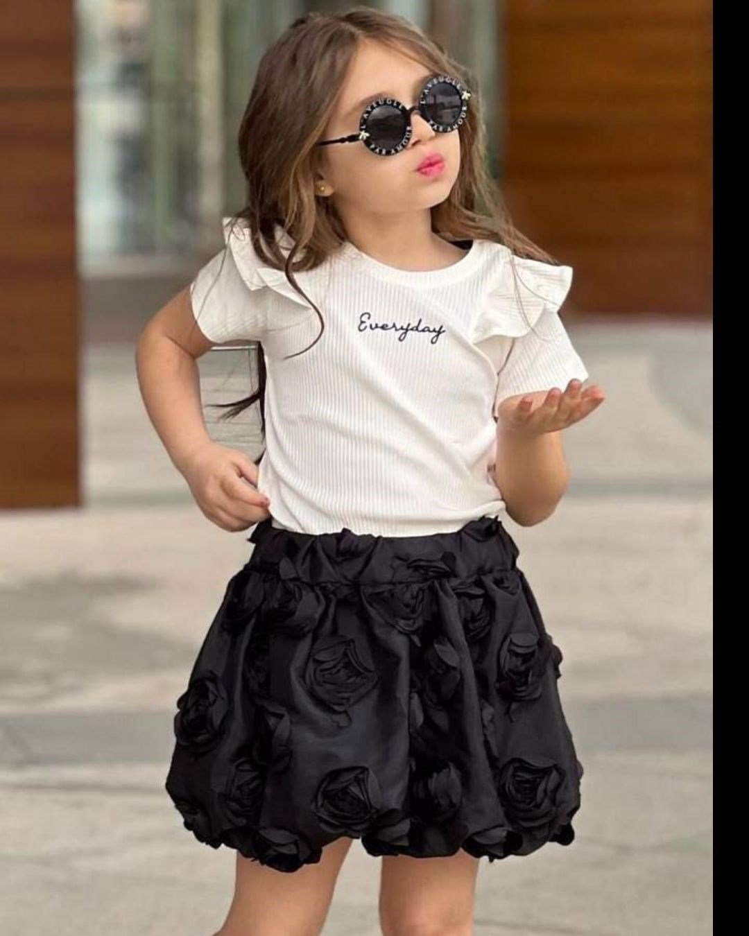 Cg Kids Everyday Baskılı Fırfır Kol Deyaylı Fitilli Basic Gül Işlemeli Siyah Balon Etek Kız Çocuk Alt Üst Takım