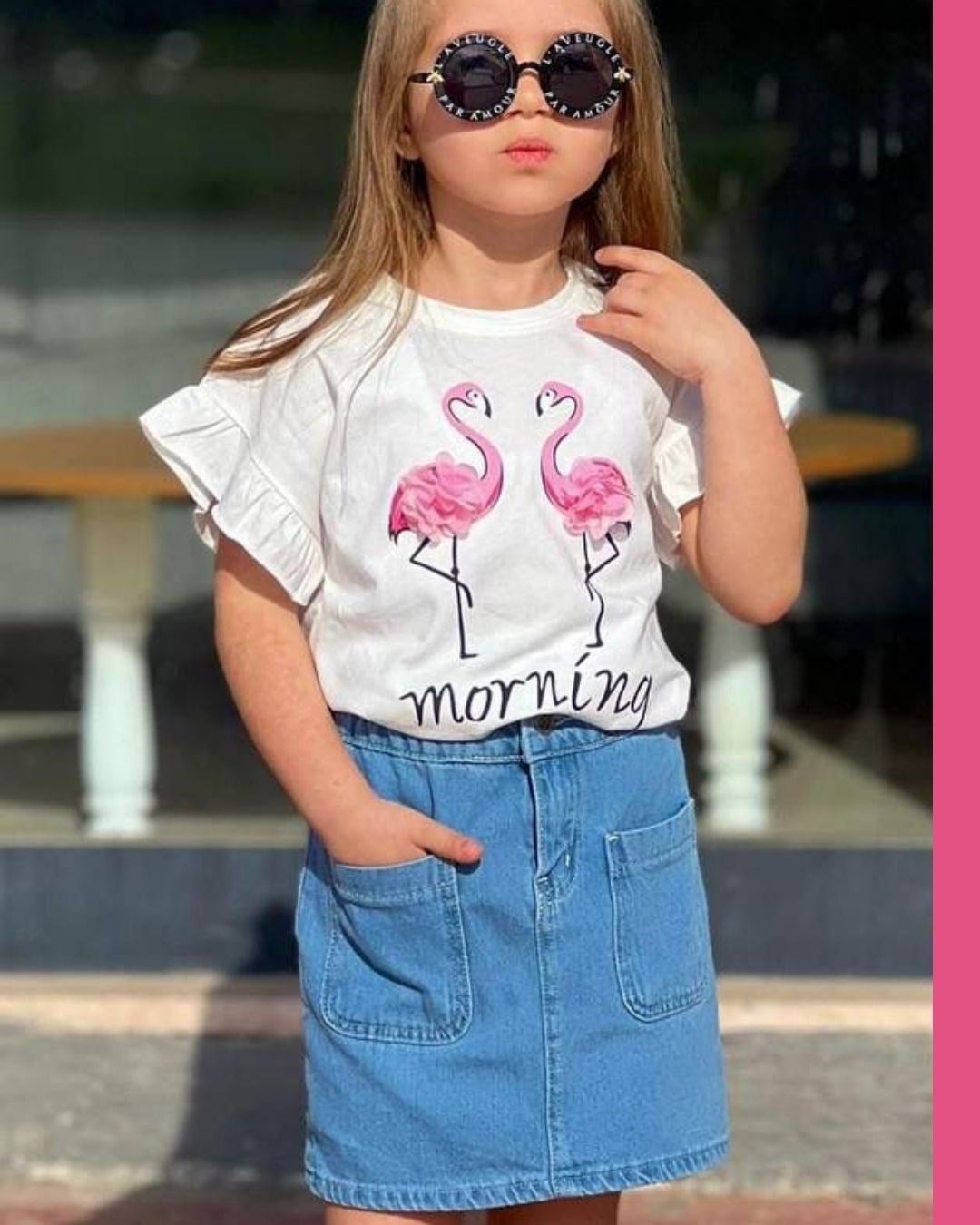 Cg Kids Flamingo Baskılı ve Tül Detaylı Alt Ön Cep Kot Etek Kız Çocuk Alt Üst Takım