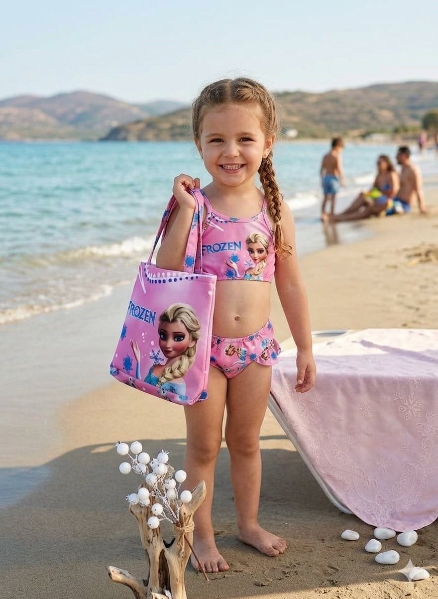 Cg Kids Frozen Elsa Baskılı Kız Çocuk Çantalı Fırfırlı Üçlü Bikini Takımı