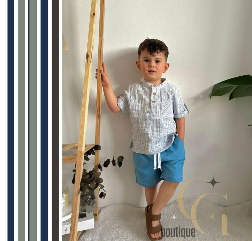 Cg Kids Hakim Yaka Gömlek Fitilli Alt Mavi Jean Kumaş Kot Şort Beli Lastikli Erkek Çocuk Alt Üst Takım
