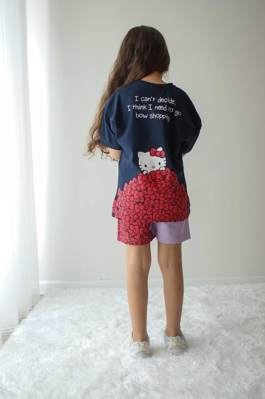 Cg Kids Hello Kitty Kız Çocuk tshirt ve şort Alt Üst Takım Süper Kalite Kumaş Sırt Baskı Detay şort baskı detay