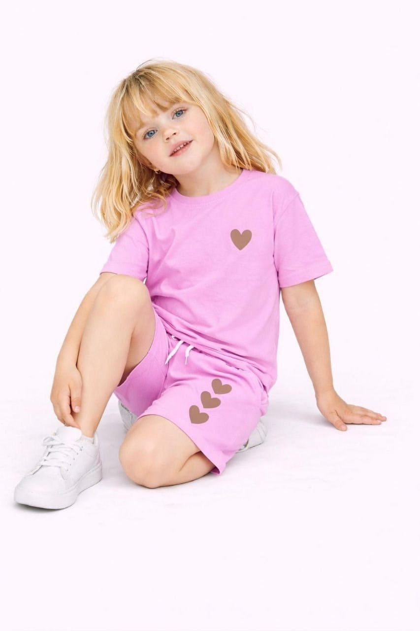 Cg Kids Kalp Baskılı Kız Çocuk Tshirt&Şort Alt Üst Takım Sırt Baskı Kabartma Detay