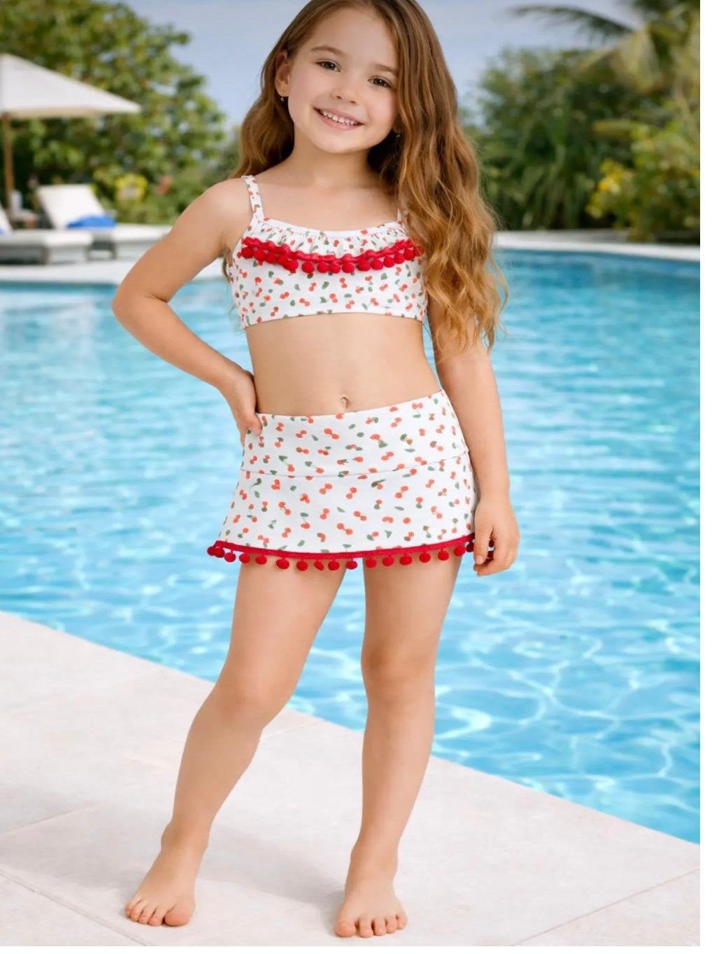 Cg Kids Kiraz Desenli Bikini Takımı Fırfırlı Etekli Mayo Kız Çocuk Alt Üst Takım
