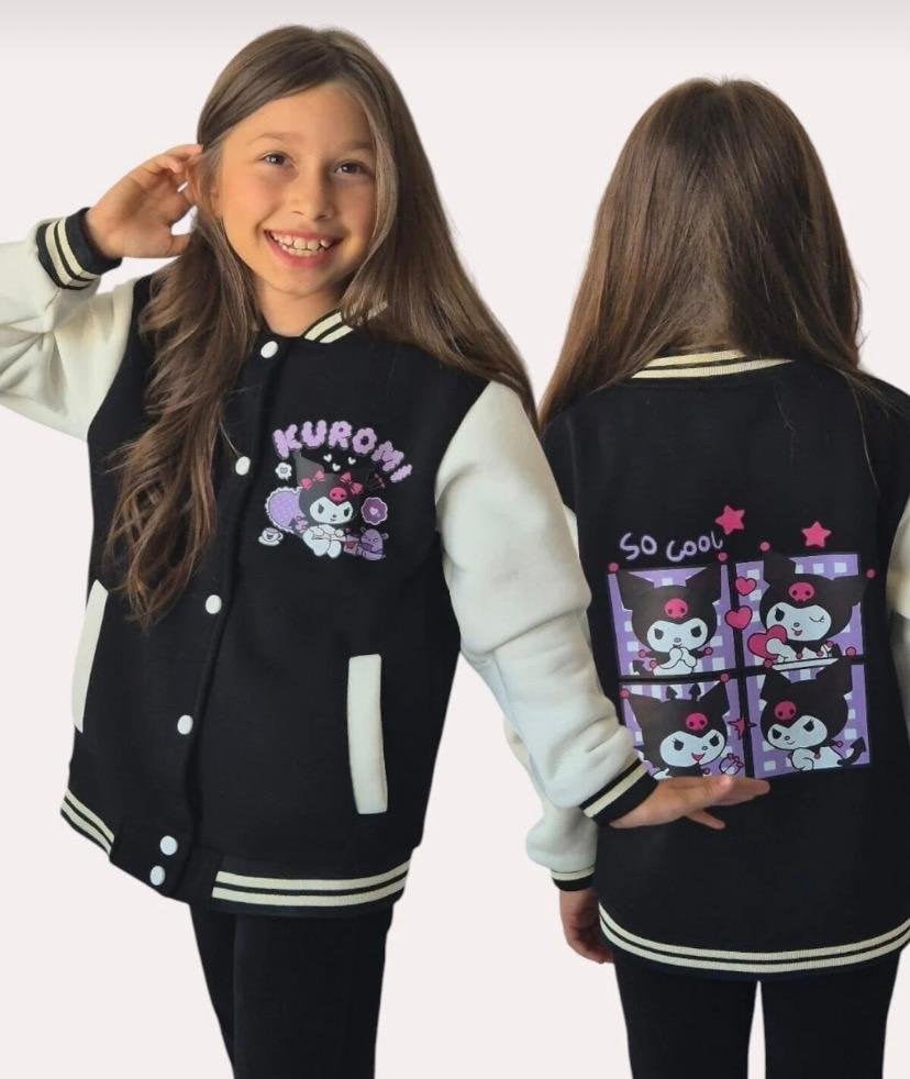 Cg Kids Kuromi içi Şardonlu Sırt Baskı Detaylı Kolej Ceket Siyah Renk Süper Kalite Kumaş Baskı