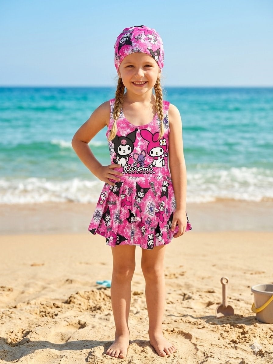 Cg Kids Kuromi Kız Çocuk UV Korumalı Volanlı Mayo ve Bone Havuz Deniz Takımı
