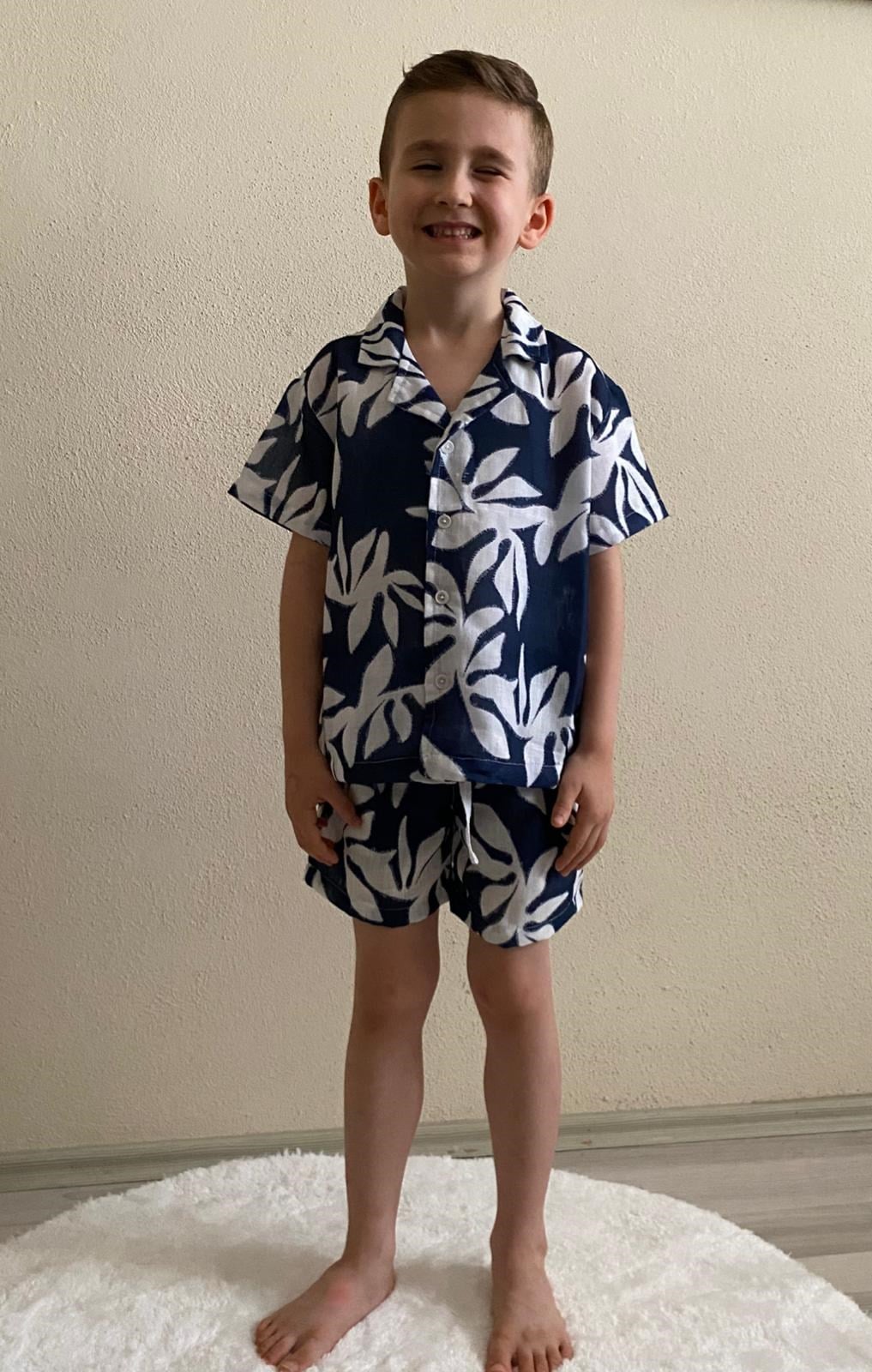 Cg Kids Lacivert Ince Keten Yaprak Desen Kaliteli Kumaş Erkek Çocuk Alt Üst Takım