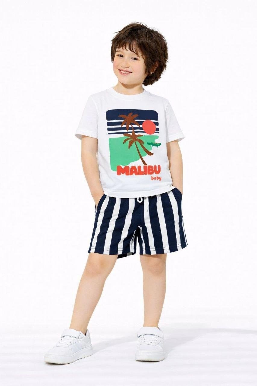 Cg Kids Malibu Kabartma Baskılı Tshirt Çizgili Lacivert Şort ile Süper Kalite