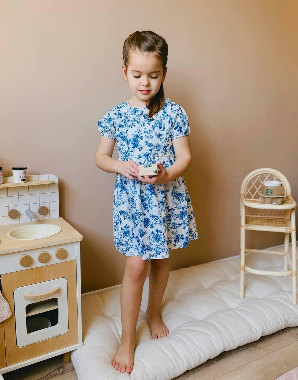 Cg Kids Mavi Çiçek Desenli Kız Çocuk Keten Elbise