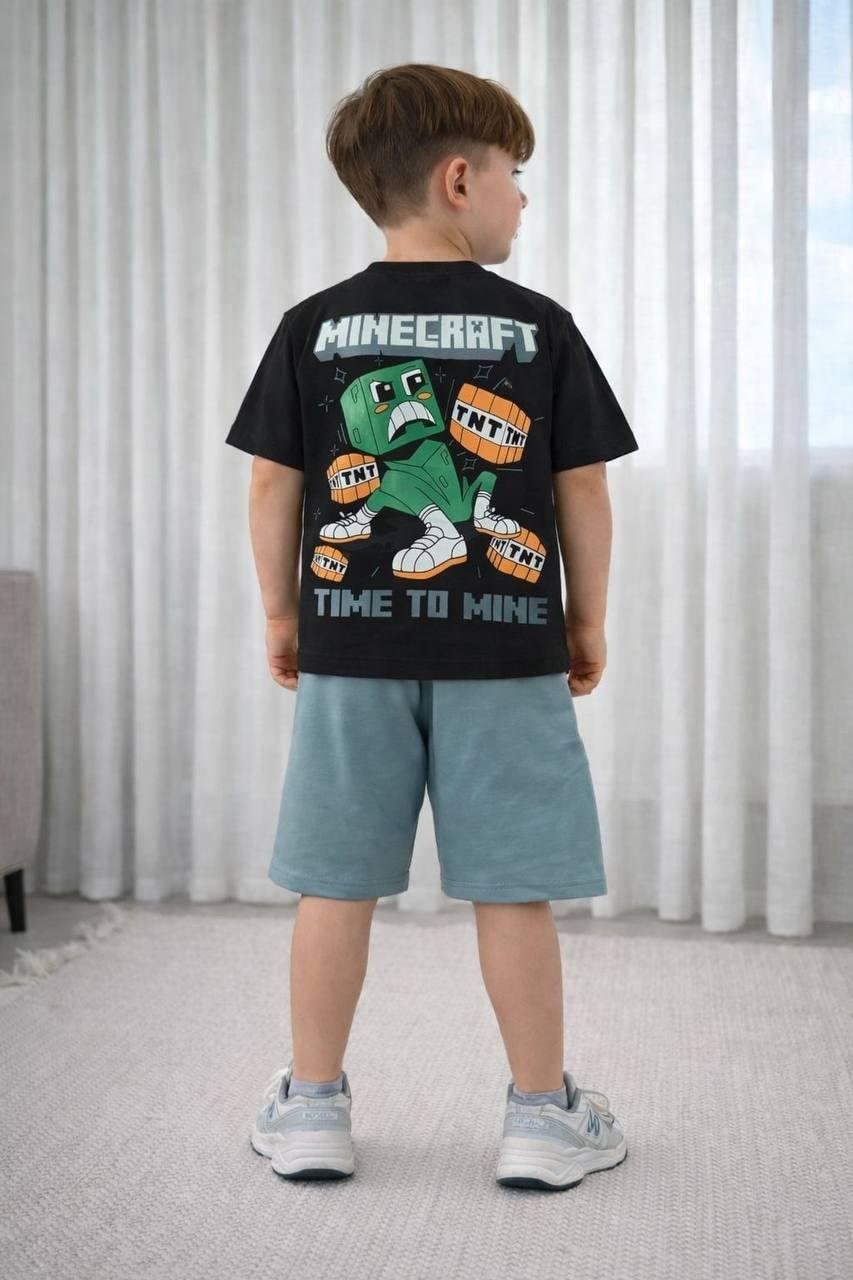 Cg Kids Minecraft Erkek Çocuk Tshirt & Şort Alt Üst Takım Süper Kalite Sırt Baskı Detay