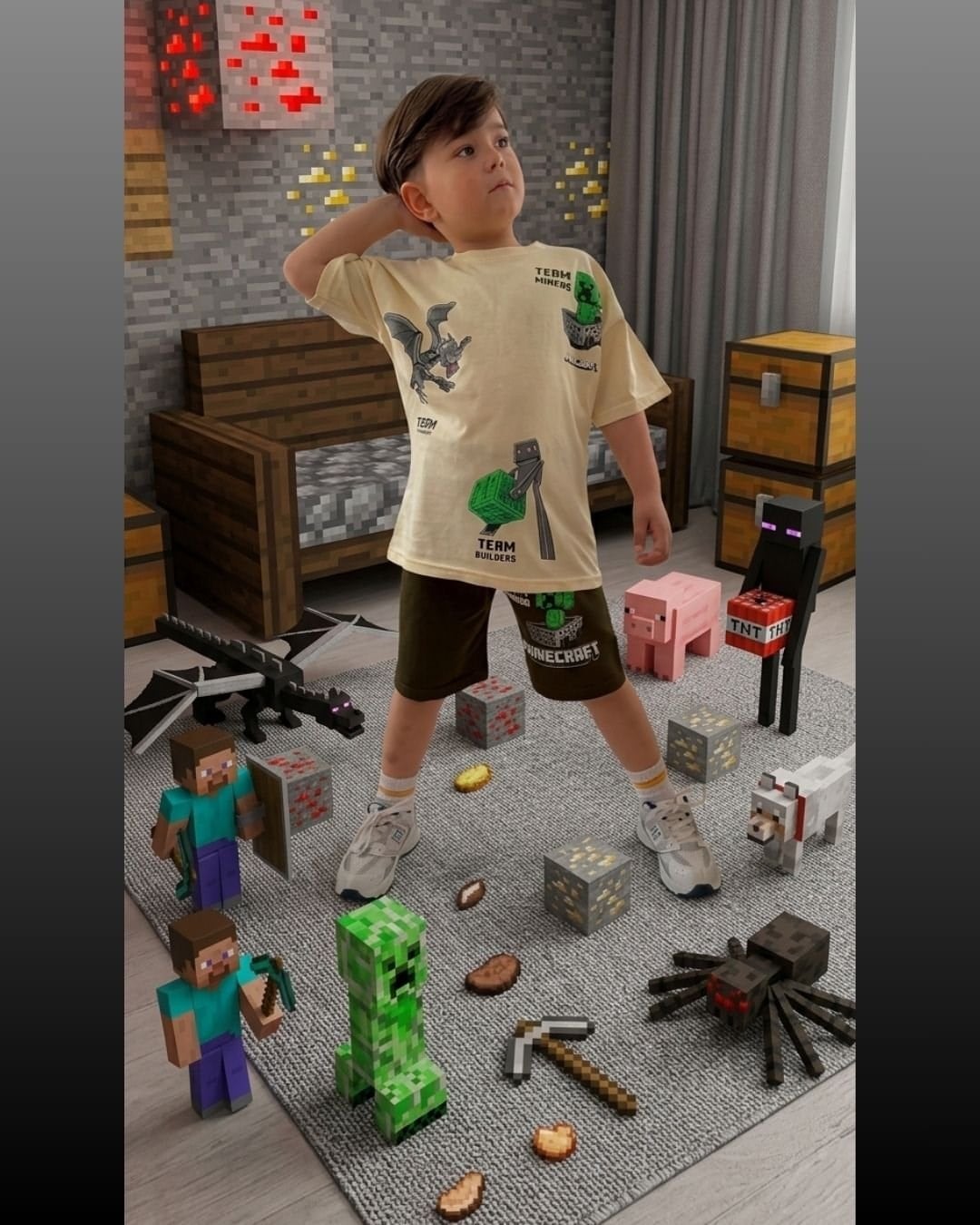 Cg Kids Minecraft Erkek Çocuk Tshirt & Şort Alt Üst Takım Süper Kalite Sırt Baskı Detay