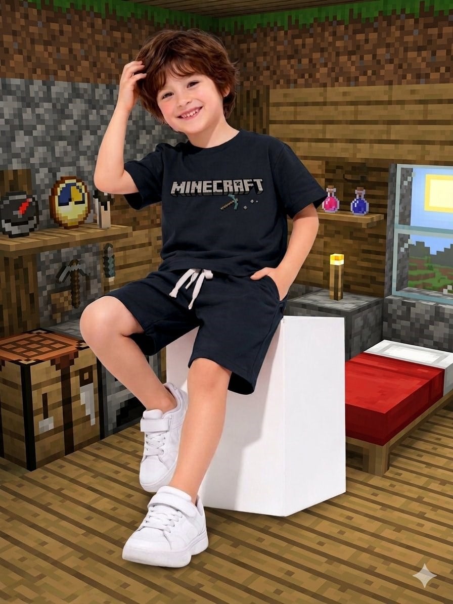 Cg Kids Minecraft Kabartma Yazı Detaylı Erkek Çocuk Tshirt & Şort Alt Üst Takım Süper Kalite Kumaş