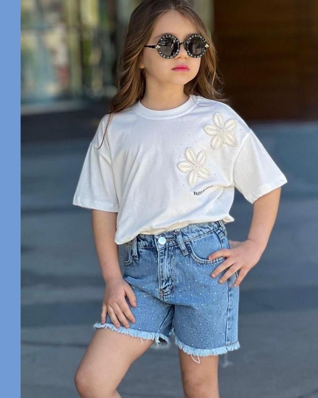 Cg Kids Nakışlı Çiçek ve Taş Kombini Kot Şort Taşlı Kız Çocuk Alt Üst Takım