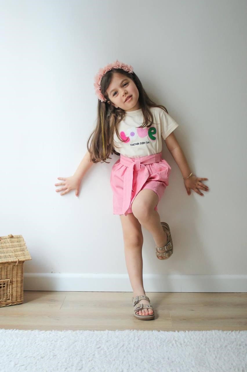 Cg Kids Nakışlı Love Alt Pembe Ince Kot Şort Kız Çocuk Alt Üst Takım