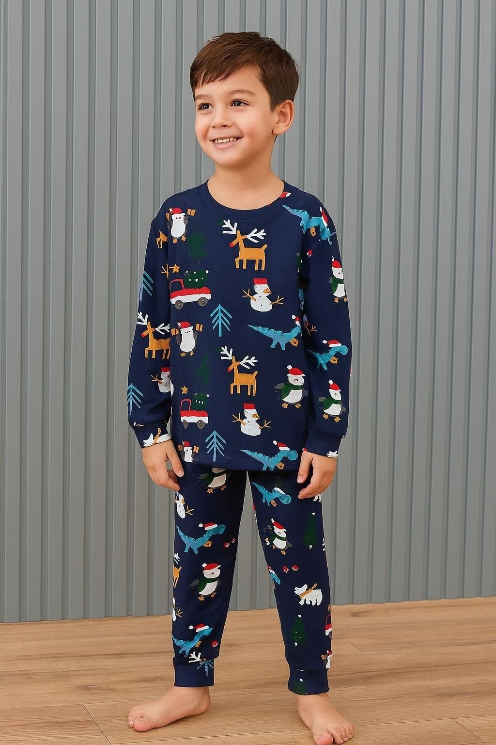 Cg Kids Noel Yılbaşı Temalı %100 Pamuk Unisex Çocuk Pijama Takımı Lacivert Geyik