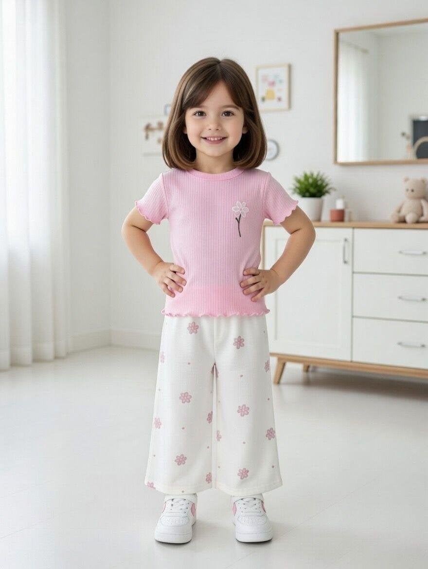 Cg Kids Pamuklu Fitilli Nakışlı Tshirt & Müslin Çiçek Nakışlı İspanyol Paça Pantolon Süper Kalite