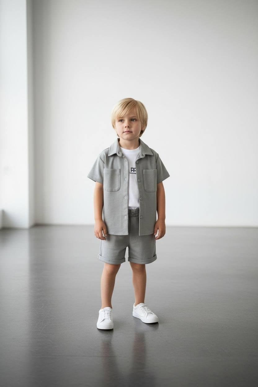 Cg Kids Pantolon Ceket Basic Uzun Kısa Enjeksiyon Baskılı Body 3lü Alt Üst Takım Erkek Çocuk Gri Renk Süper Kalite Kumaş
