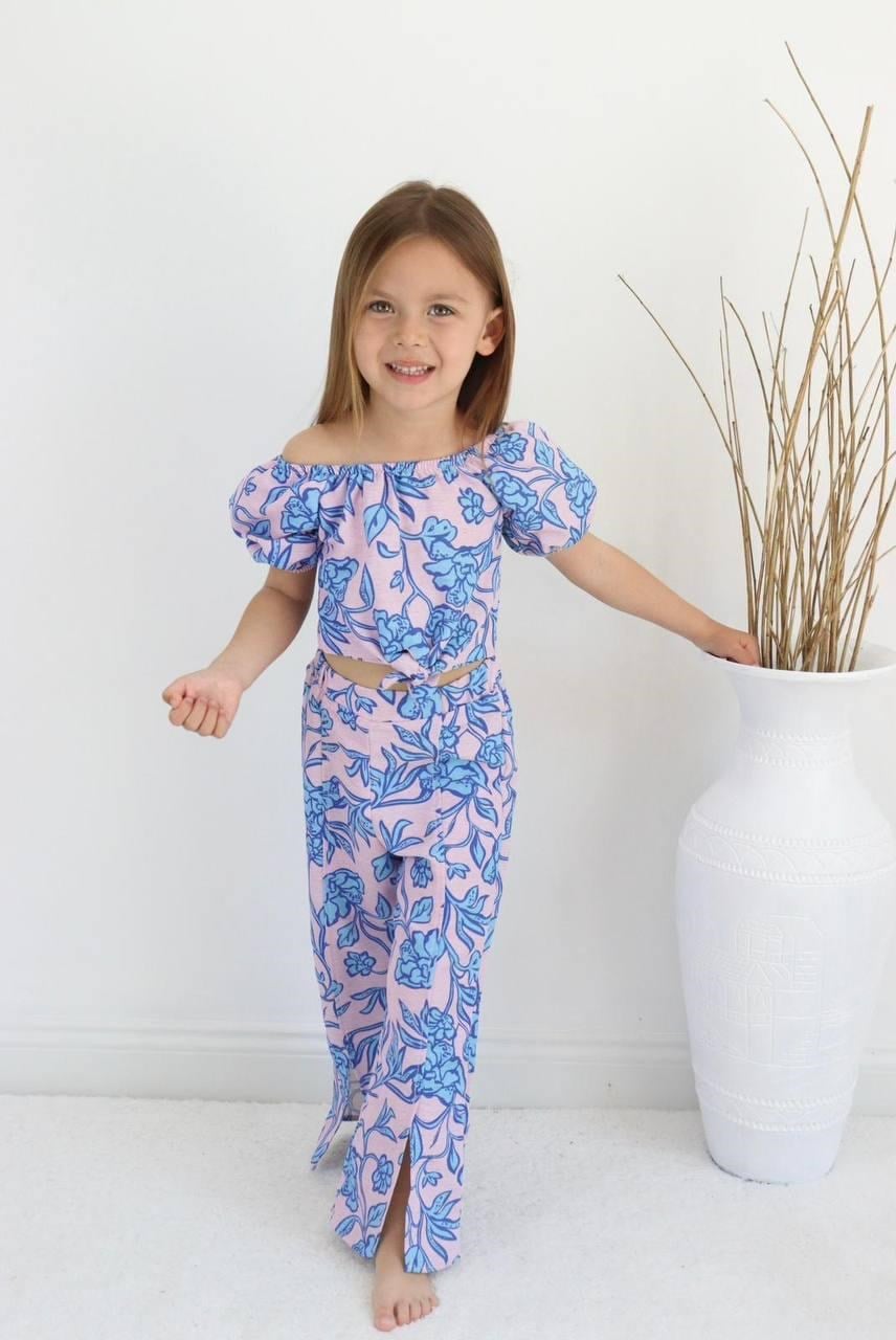 Cg Kids Pembe Mavi Çiçek Desen Keten Kız Çocuk Alt Üst Takım