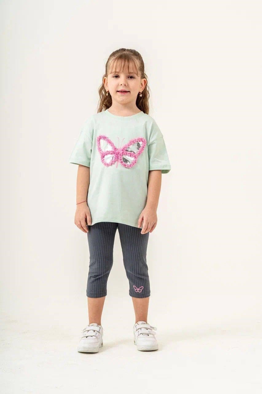 Cg Kids Püskül Detay Kelebek Baskı  Parlak Gümüş Alt Fitilli Tayt Uzun  Şort Kız Çocuk Alt Üst Takım