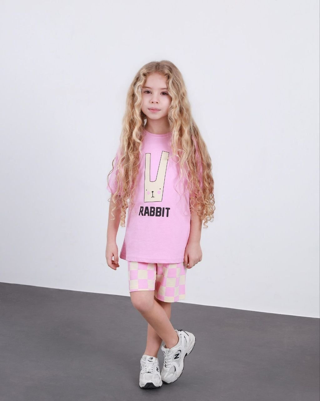 Cg Kids Rabbit Tavşan Baskılı Tshirt & Damalı Şort Pembe Alt Üst Takım Süper Kalite
