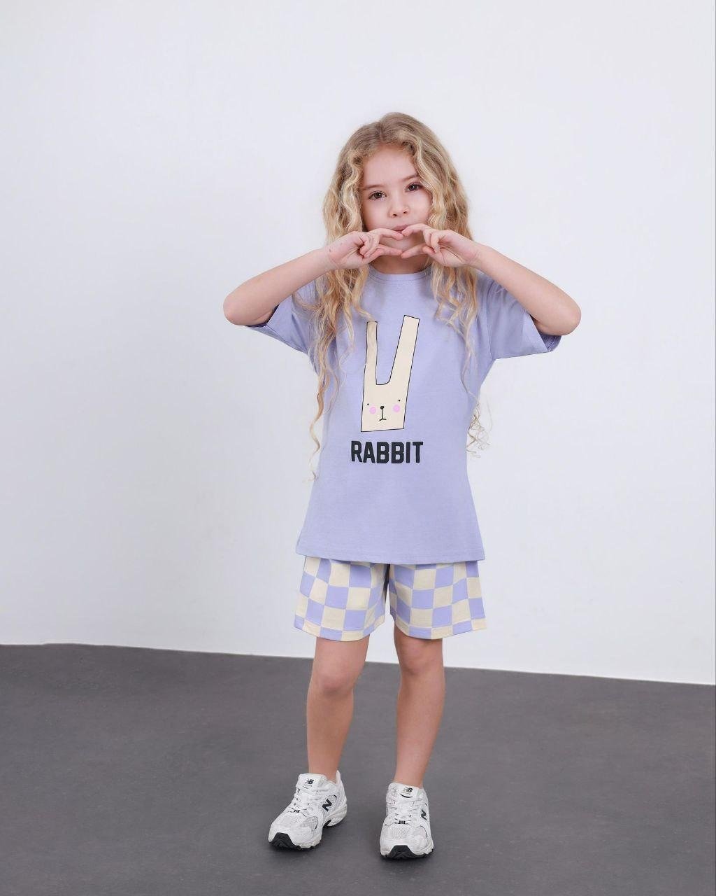 Cg Kids Rabbit Tavşan Baskılı Tshirt & Damalı Şort Lila Alt Üst Takım Süper Kalite
