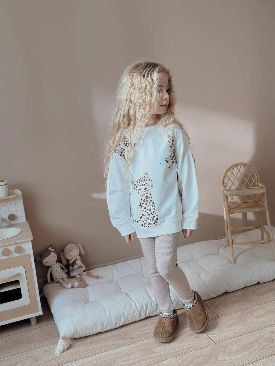 Cg Kids Sevimli Kedi Baskılı Alt Fitilli Tayt 2 İplik Kız Çocuk Alt Üst Takım