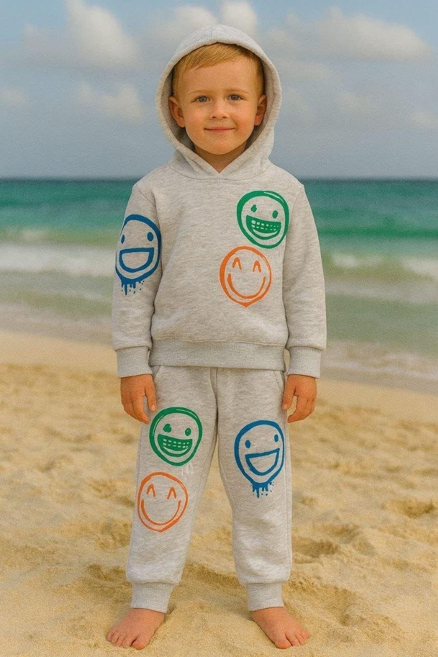 Cg Kids Smiley Renkli Gülenyüz Erkek Çocuk 3 İplik Şardonlu, Kapşonlu Alt Üst Takım Süper Kalite Kumaş