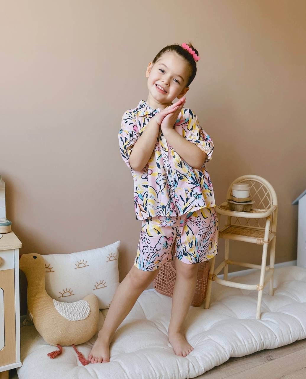 Cg Kids Soft Renkli Desenli Şort Kız Çocuk Alt Üst Keten Takım