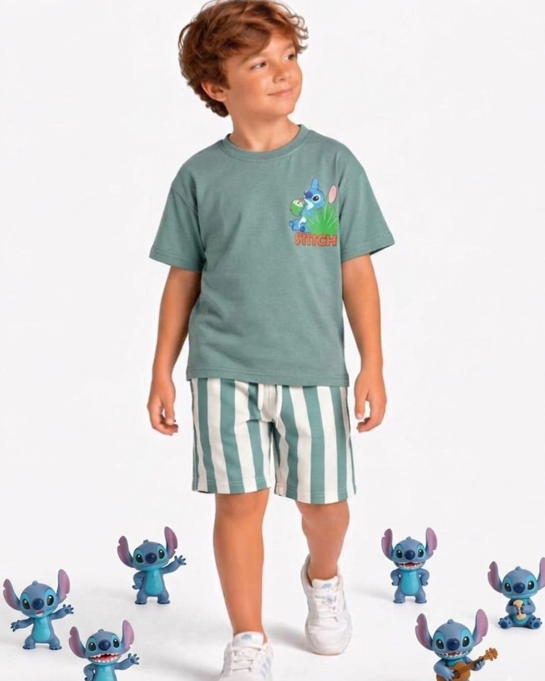 Cg Kids Stitch Baskılı Erkek Çocuk Tshirt Şort Alt Üst Takım Sırt Baskı Detaylı