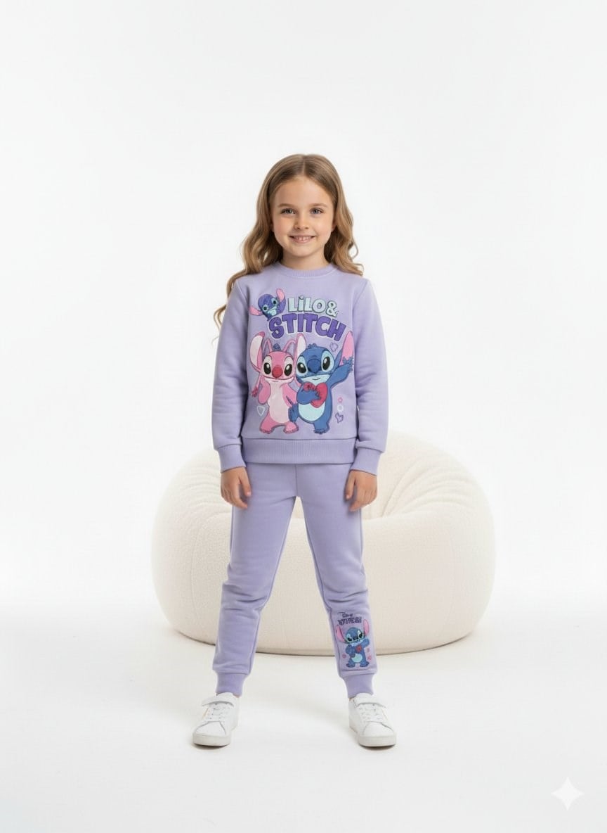 Cg Kids Stitch Temalı Simli Baskı 2 İplik Kız Çocuk Alt Üst Sweatshirt Eşofman Takım