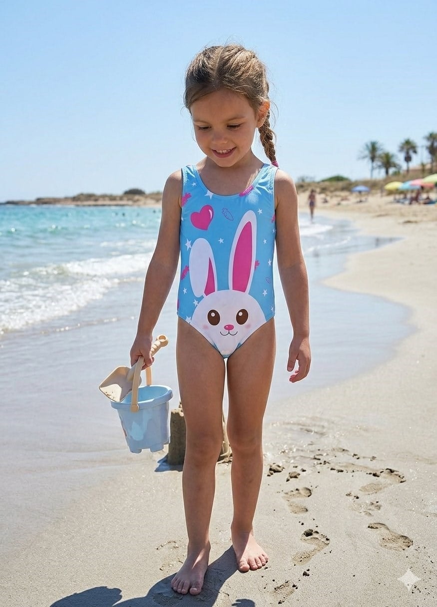 Cg Kids Tavşan Figürlü Esnek ve Hızlı Kuruyan Kız Çocuk  Plaj / Havuz Mayo su