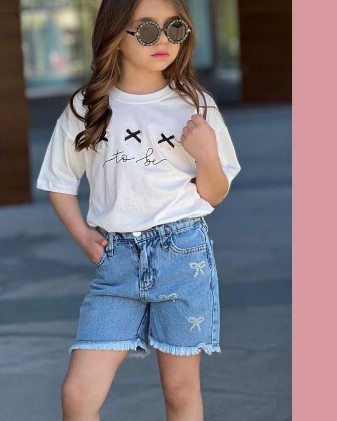 Cg Kids To Be Baskılı Nakışlı Kurdele Fiyonk Etek Görünümlü Kot Şort Taşlı Fiyonk Kız Çocuk Alt Üst Takım
