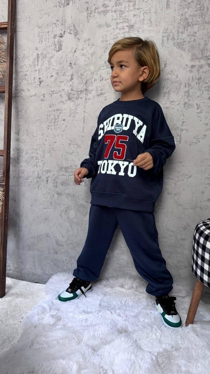 Cg Kids Tokyo baskılı lacviert 3 iplik Erkek çocuk Alt Üst Takım Süper Kalite Kumaş