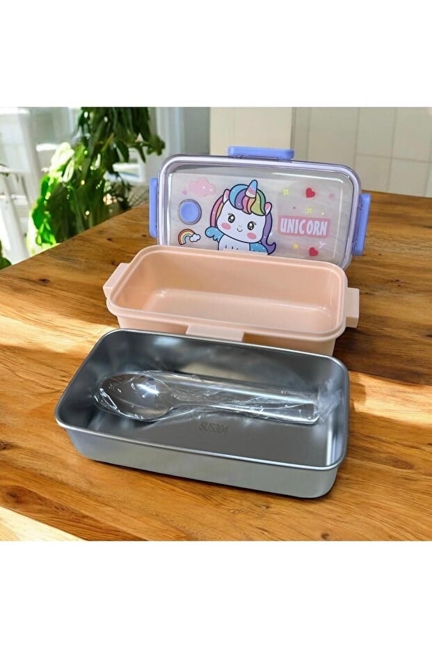 Cg Kids Unicorn Paslanmaz Çelik Yemek Saklama ve Taşıma Kabı Açık Pudra 530 ml