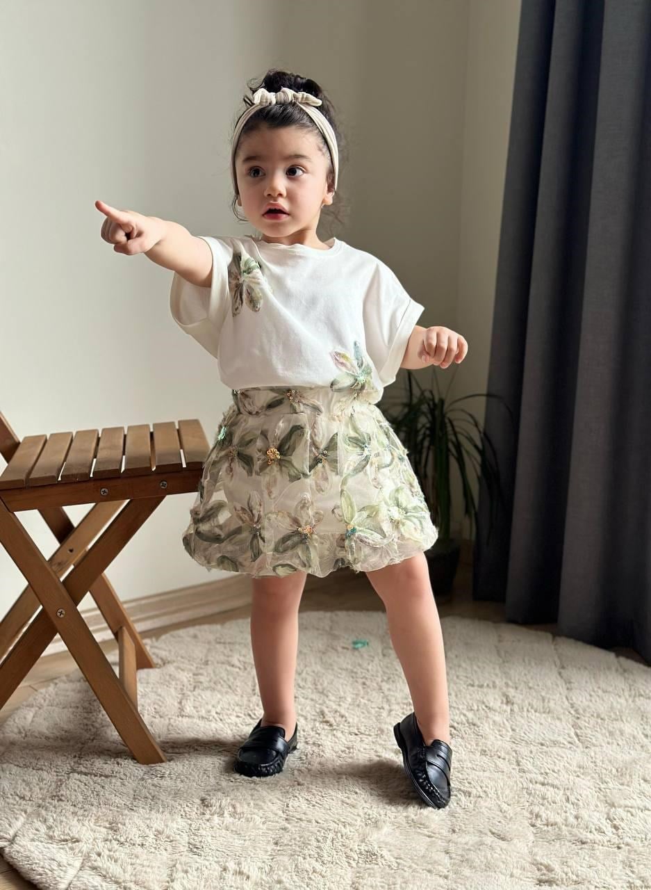 Cg Kids Yeşil Çiçek Işlemeli Balon Etekli Kız Çocuk Alt Üst Takım