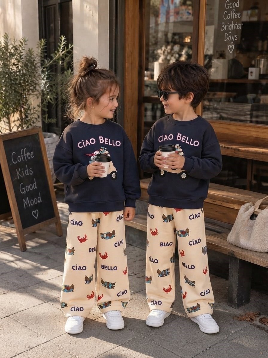 Ciao Bello Baskılı Lacivert Sweatshirt ve Desenli Eşofman Altı Unisex 3ip Alt Üst Takım