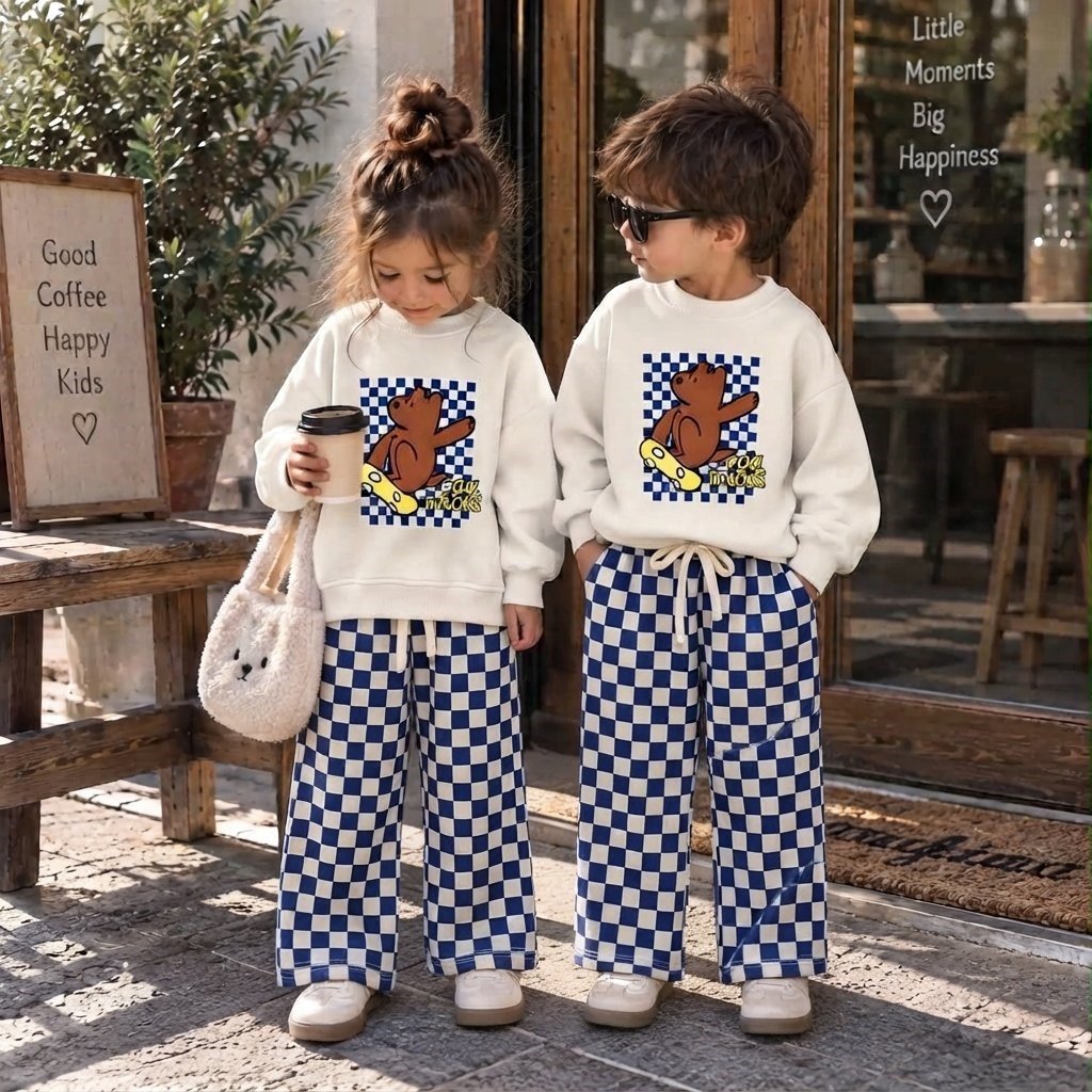Cool Tricks Kaykaycı Ayı Baskılı Sweatshirt Mavi Beyaz Damalı Kareli Eşofman Alt Üst Takım