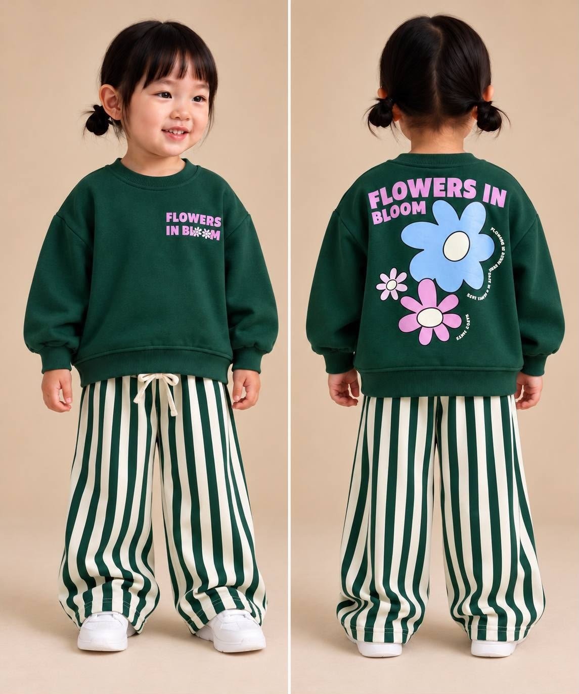 Flowers In Bloom Sırt Baskılı Zümrüt Yeşil Sweatshirt - Çizgili Ekru Eşofman Altı Kız Çocuk Alt Üst Takım