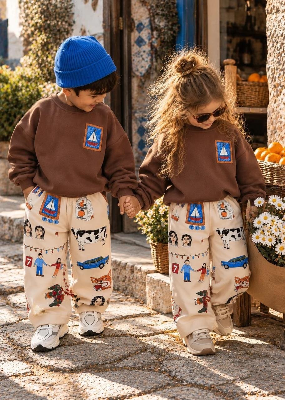 Gemili Baskılı Sweatshirt ve Çizgi Desenli Baskılı Kız&Erkek Çocuk Alt Üst 3ip Takım
