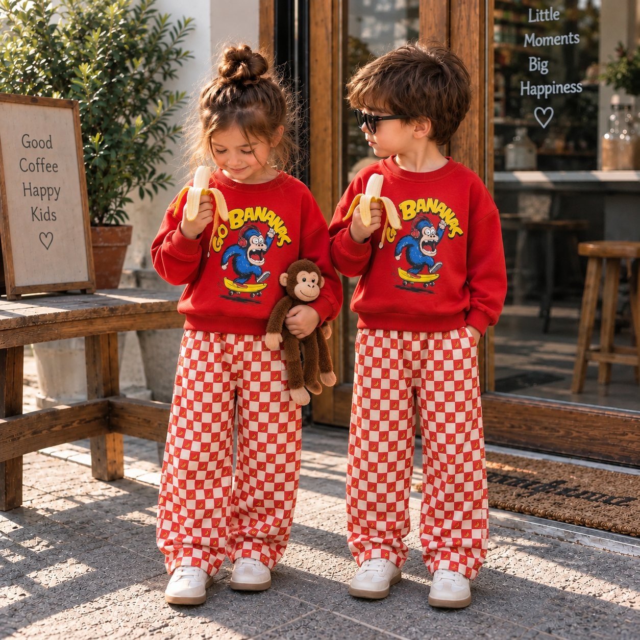 Go Bananas Baskılı Sweatshirt Muz Desenli Eşofman Kız & Erkek Çocuk 3İp Alt Üst Takım