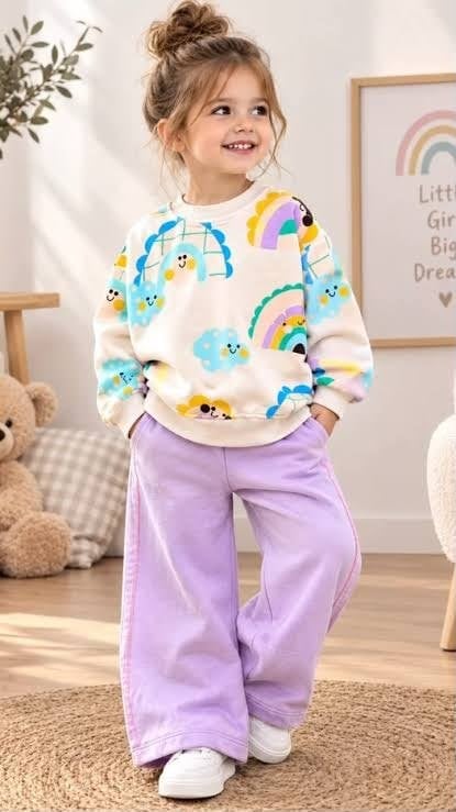 Gökkuşağı ve Bulut Desenli Pudra Sweatshirt - Lila Yan Şeritli Eşofman Altı Alt Üst Takım