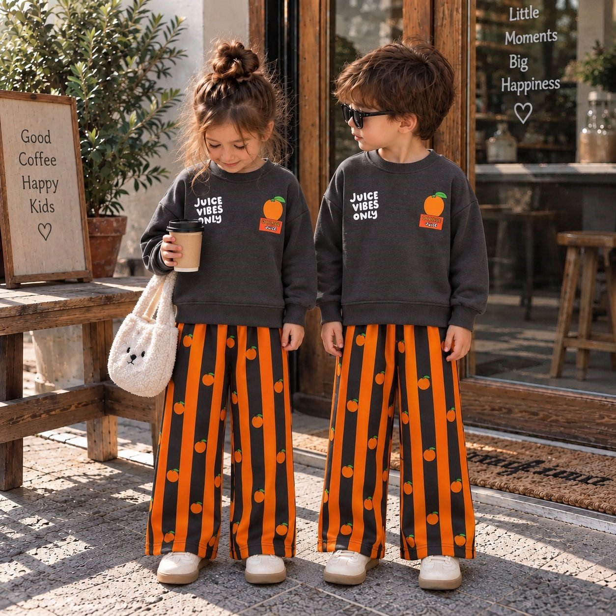 Juice Vibes Only Baskılı Sweatshirt Portakal Desenli Çizgili Alt Üst Takım 3İplik