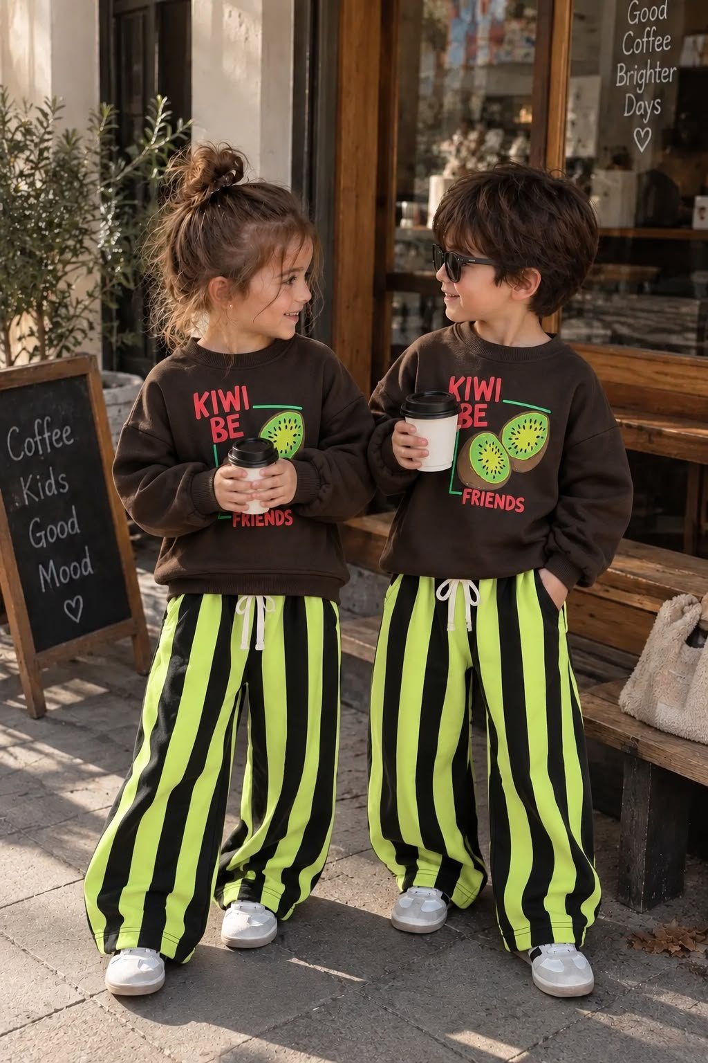 Kiwi Best Friends Baskılı Sweatshirt ve Çizgili Eşofman Altı Unisex Alt Üst Takım