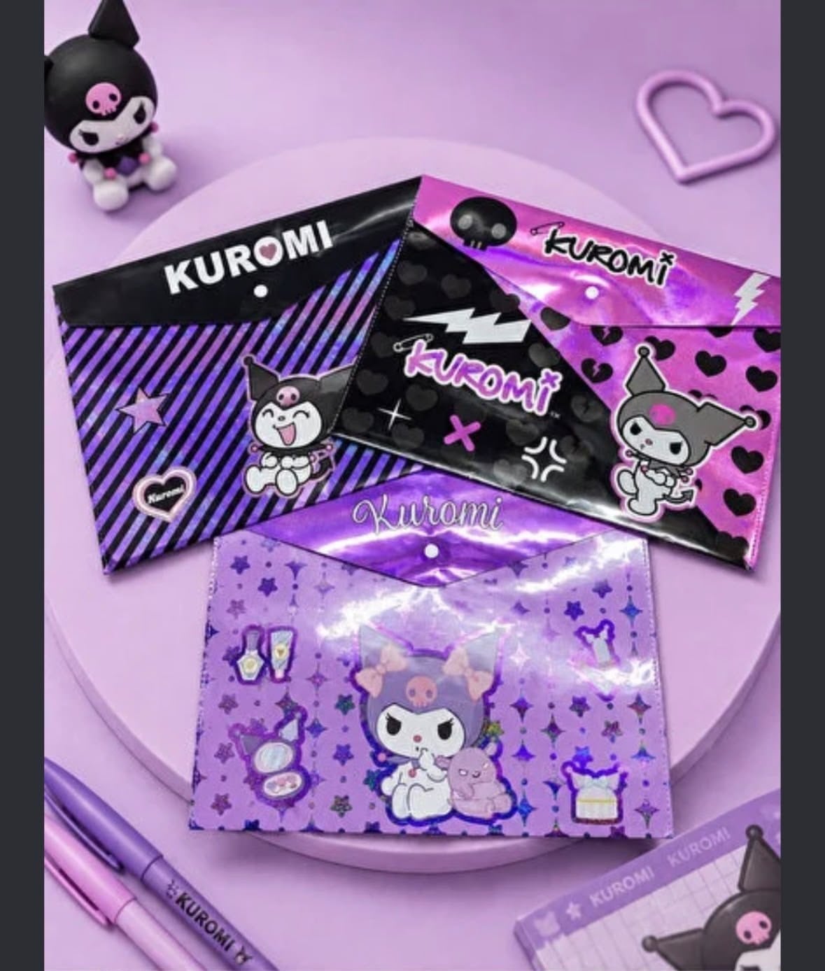 Kuromi Desenli Çıtçıtlı Okul Dosya - Mor Siyah Karışık