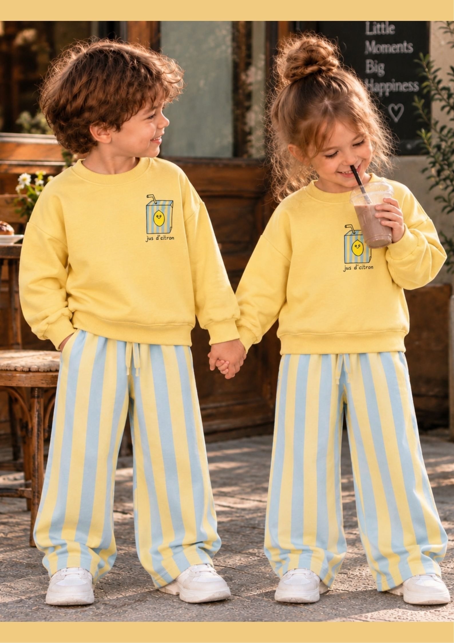 Limon Baskılı Sweatshirt ve Çizgili Eşofman Kız & Erkek Çocuk 3ip Alt Üst Takım