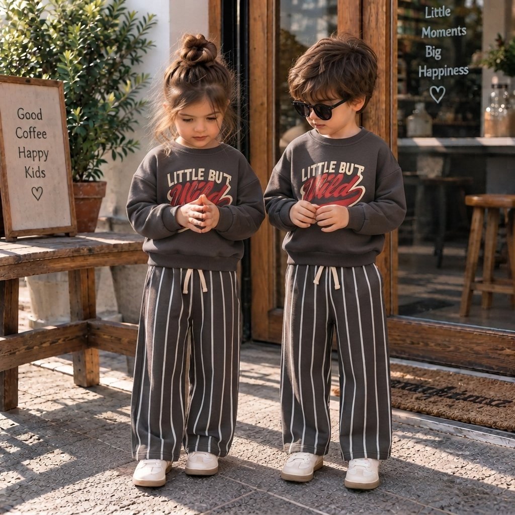 Little But Wild Baskılı Sweatshirt Erkek&Kız Çocuk Antrasit Çizgili Eşofman Alt Üst 3İp Takım