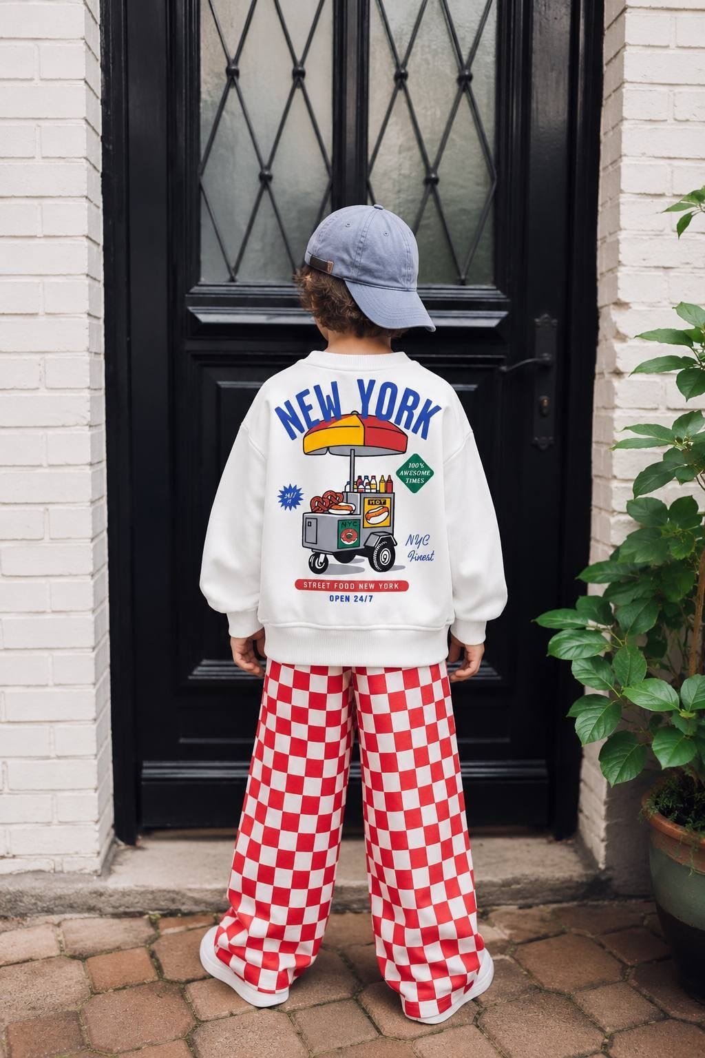 New York Ketchup Sırt Baskılı Sweatshirt  Kırmızı Beyaz Damalı Kareli Eşofman Altı Erkek Çocuk Alt Üst Takım 3İP