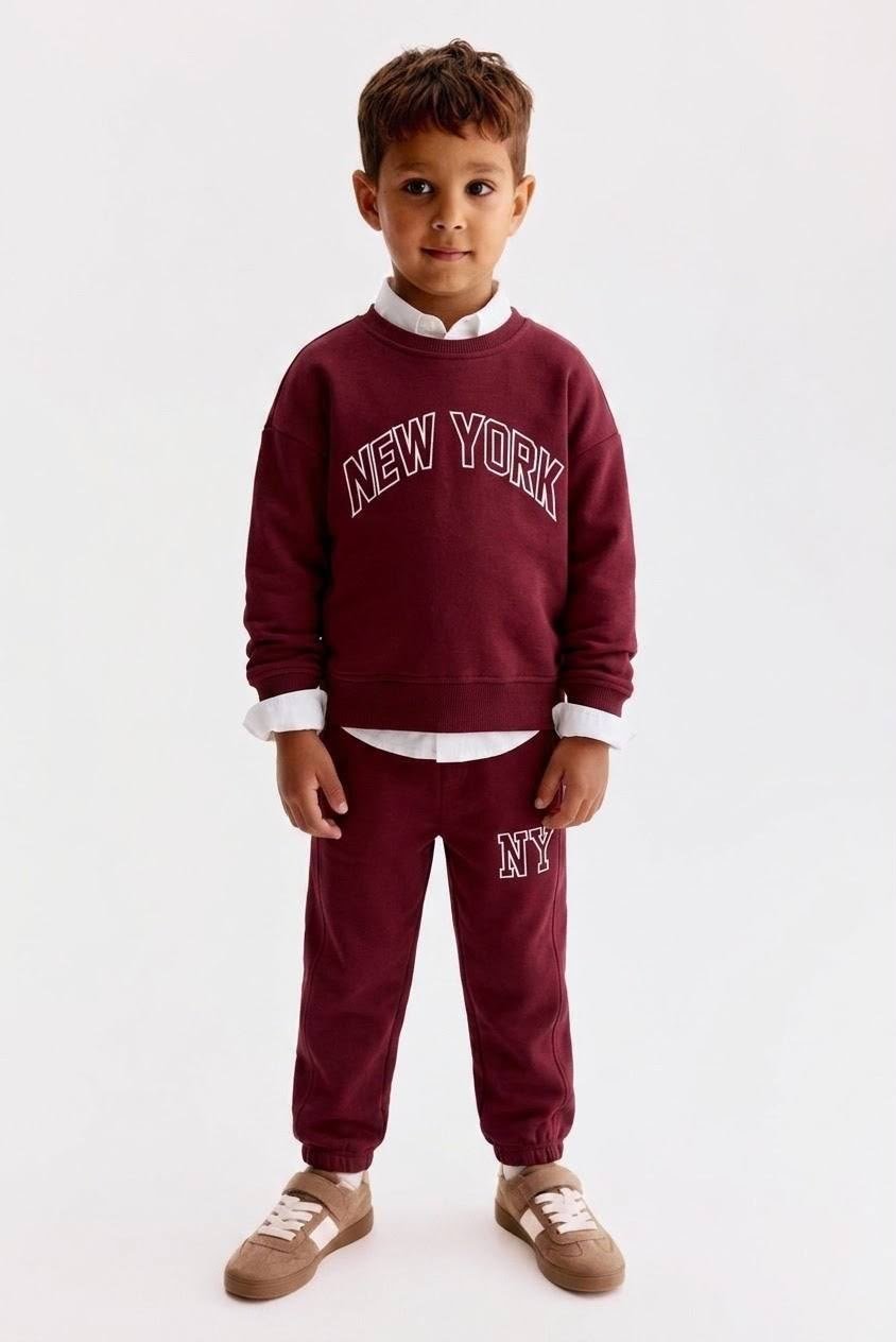 New York Yazı Baskılı Bordo Sweatshirt - Paçası Lastikli Nakışlı NY Eşofman Altı Alt Üst 3ip Takım
