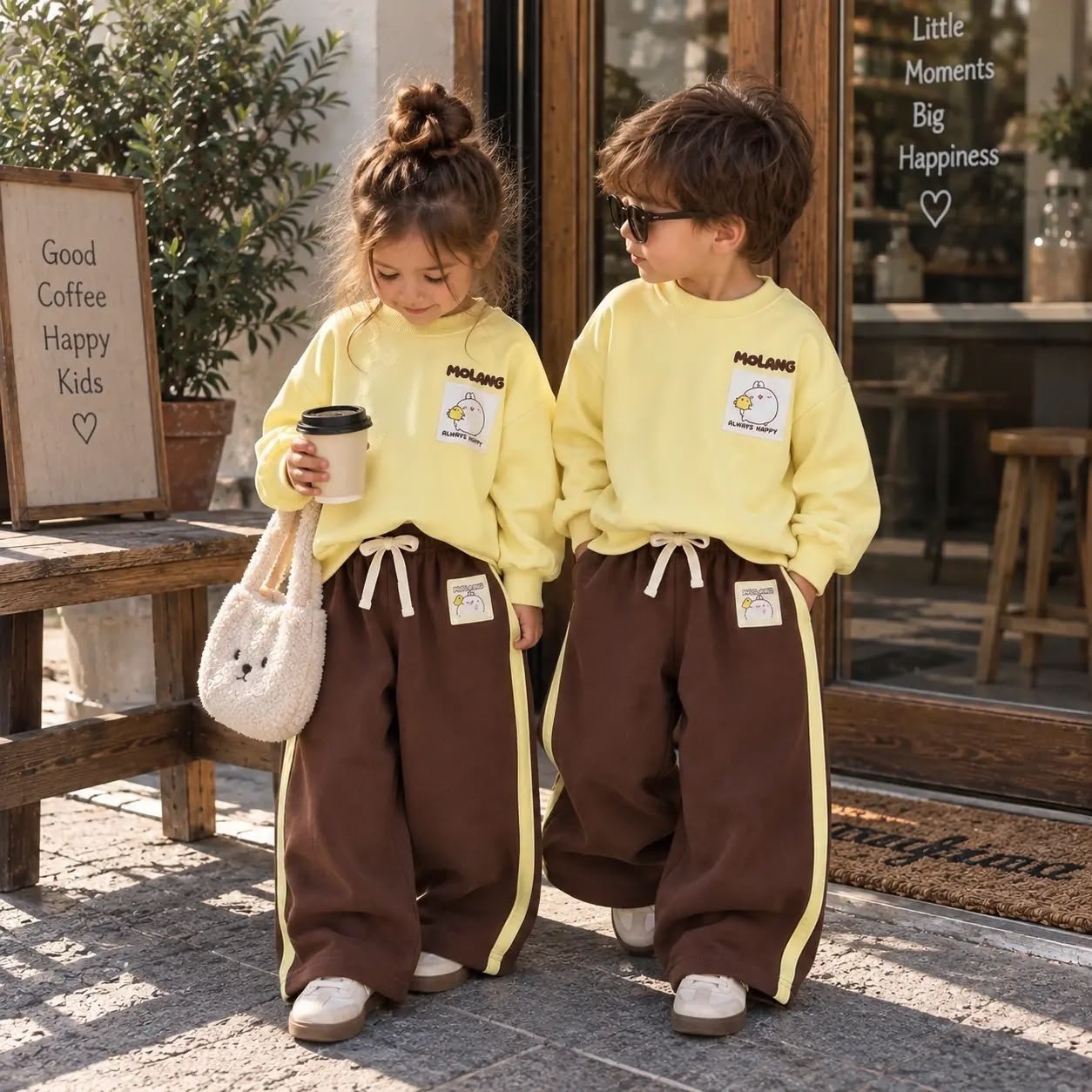 Power İn Kindess Baskılı Sarı Sweatshirt - Kahverengi Şeritli Eşofman Altı Süper Kalite Kız & Erkek Çocuk